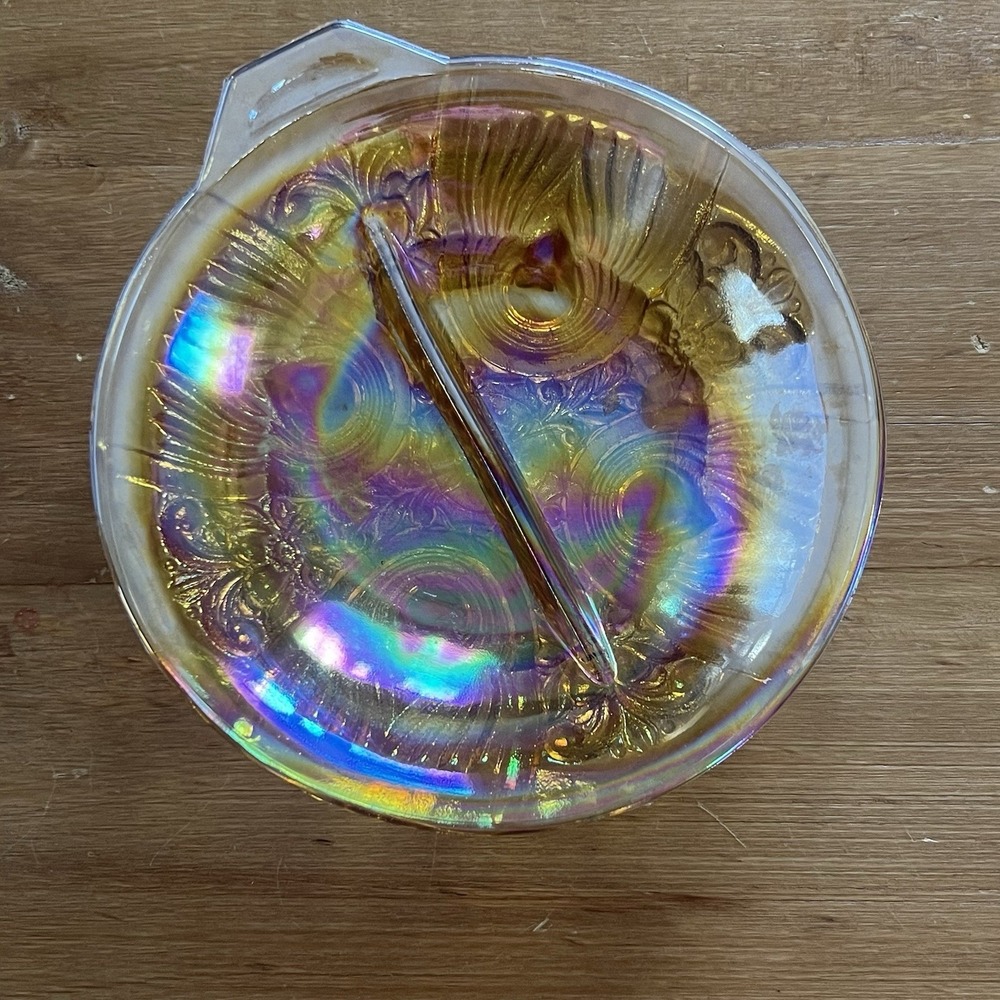 Vintage Carnival Glass Divided Relish Dish Iridescent Amber Gold Floral Marigold